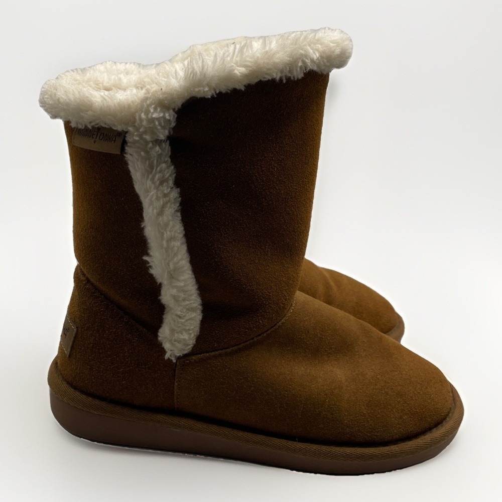 Minnetonka Suede Leather Faux Sherpa Lined Womens Short Brown Boots Size 6M